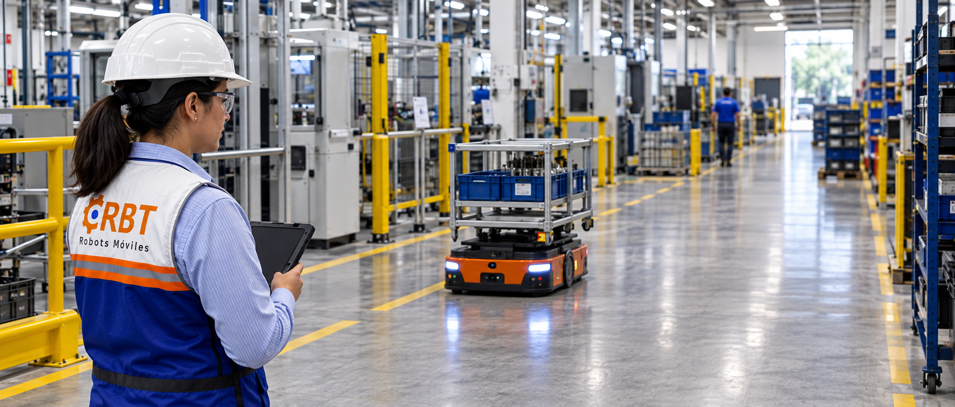 Ingeniera CRBT con equipo de seguridad observando una operación automatizada