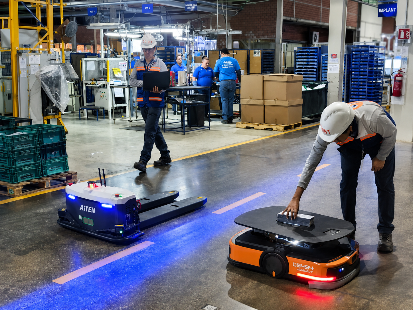 Ingenieros CRBT revisando robots móviles dentro de una planta industrial